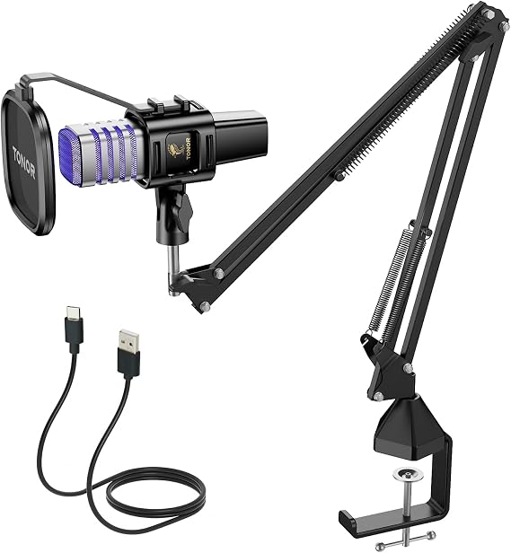 TONOR USB Gaming Microphone, RGB Streaming Microfono Set, PC Podcast Recording Computer Mic for PS4/5, Discord, Twitch, Cardioid Condenser Mic with Adjustable Boom Arm Stand TC30S+