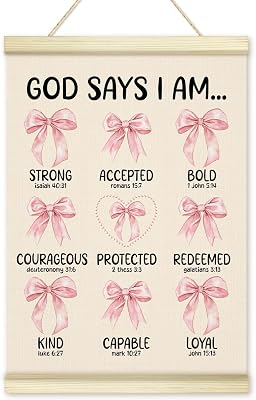 LWBEO God Says I Am Bows Poster Hanger Frame, Christian Bible Verses Wooden Canvas Art Print, Pink Bow Positive Wall Art for Nursery Girls Room Bathroom Bedroom Decor 12x16in -10