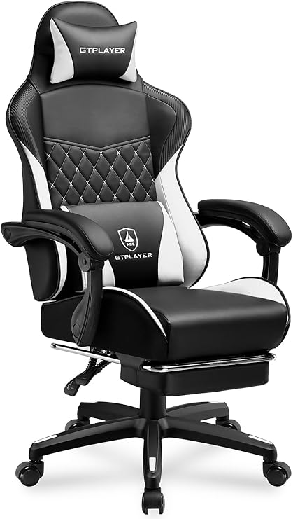 GTPLAYER Gaming Chair, High Back Leather Computer Gaming Chair with Footrest, Ergonomic Height Adjustable Office Chair with Removable Cover and Lumbar Support for Gaming and Work (White)