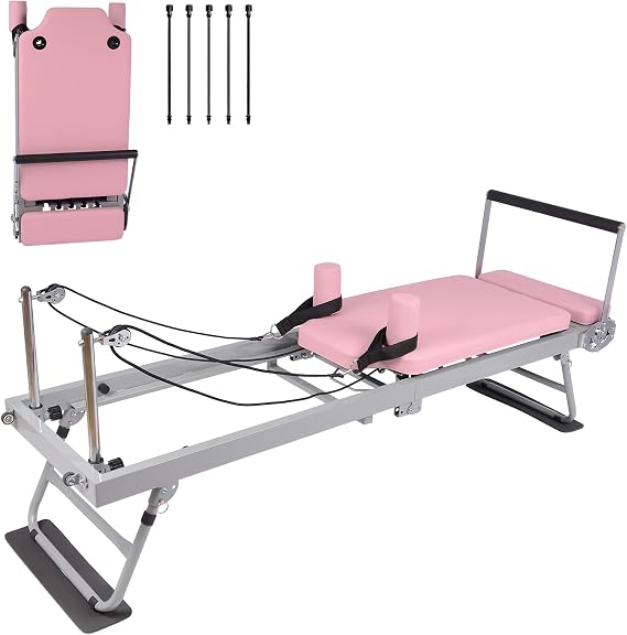 Pink Pilates Reformer Machine 77.5 in Foldable Pilates Equipment for Home Gym Workout,Pink Adjustability Pilates Workout Equipment with Resistance Ropes for Advanced and Beginners