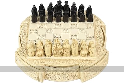 Isle of Lewis Chess Set - Compact 9 inch Resin Chess Cabinet and Chessmen - Cream