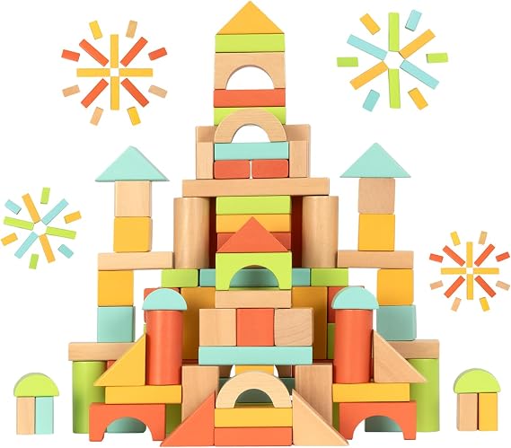 100pcs Wooden Blocks for Toddlers 1-3, Building Blocks for Toddlers 1-3, Wooden Block for Baby Shower with Storage Bucket, Montessori Toys for Preschool Girls and Boys