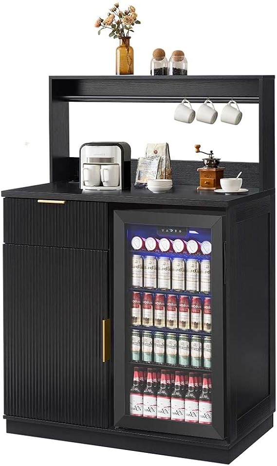 Coffee Bar Cabinet with Mini Fridge Space and Power Outlet, 39" Matte Black Wood Grain Finish Kitchen Cabinet with Drawer Storage and Adjustable Shelves for Dining Room