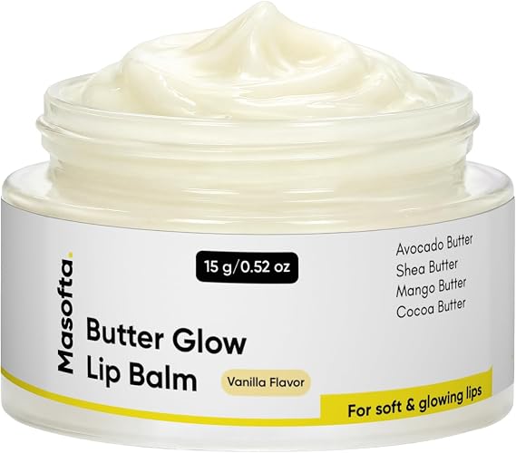 Masofta Butter Glow Lip Balm - Shea Butter Moisturizer for Glossy Shine, Softens & helps with uneven tone, Non-Sticky Feel, Multi Butter Enriched, Daily Use, Vanilla Flavour 0.52oz/15gm