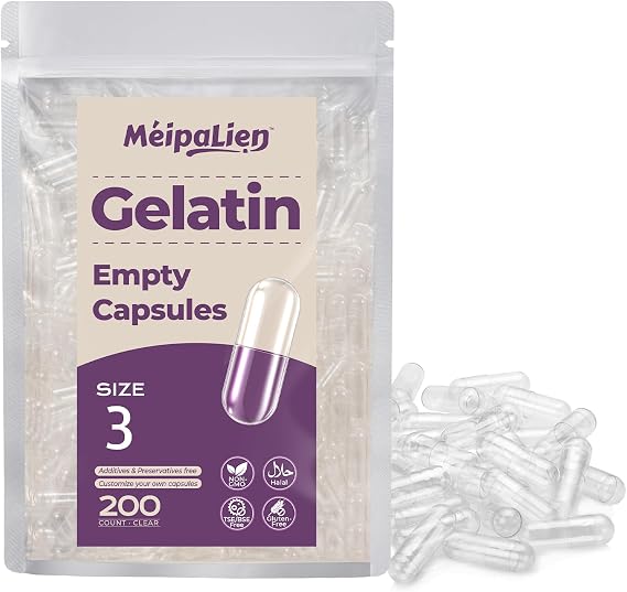 Size 3 Empty Gelatin Capsules - 200 Count | Clear Empty Pill Capsules, Pure Bovine Gel Caps for DIY Supplements, Gluten Free & Non-GMO