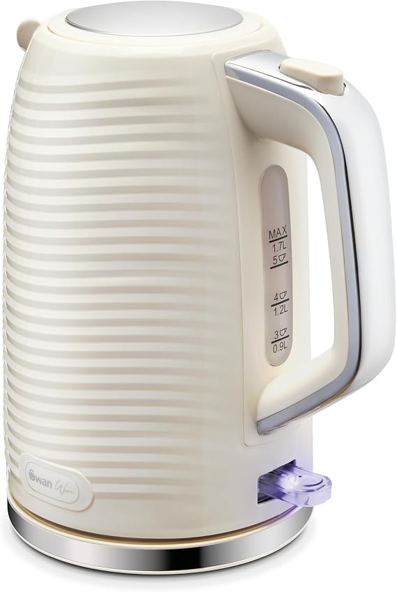 Swan Wave Cordless Kettle, Fast Boil, Boil Dry Protection and Automatic Shut-Off, 360-Degree Base, Removable Limescale Filter, 1.7 Litres, 3000W, Cream, SK19034CRM