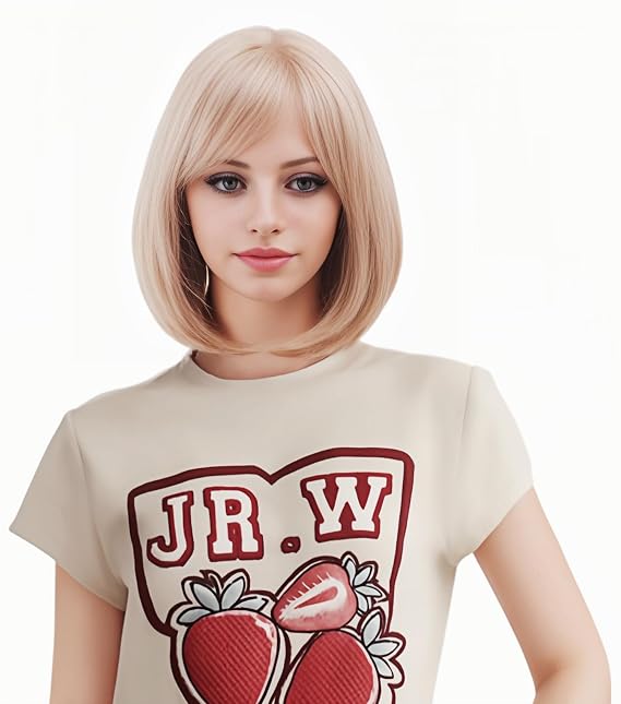 14 Inches Strawberry Blonde Wigs for Women Short Straight Bob Wig with Bangs Synthetic Hair for Daily Use,Cosplay, Halloween