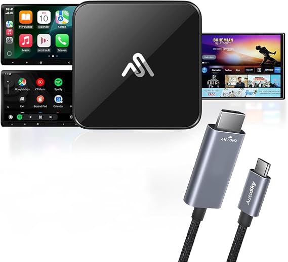 AutoSky CarPlay TV Adapter + HDMI Cable Combo Stream Apps, Movies, Music & GPS Navigation on Car Infotainment System Wireless & Easy Plug & Play Setup