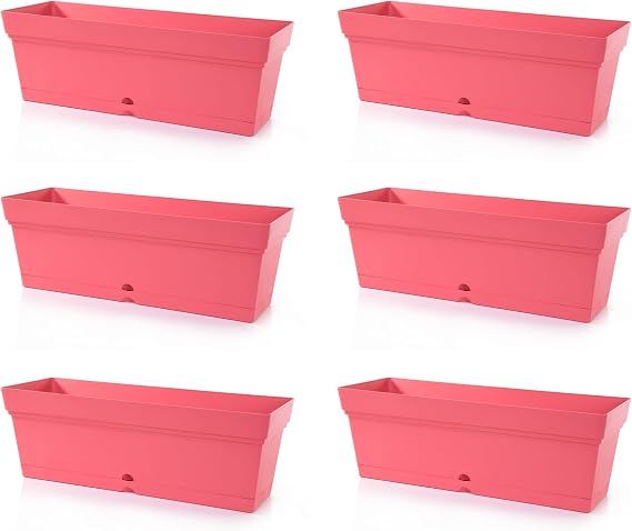Mintra Garden Window Box Planters Set, Bulk Plastic Rectangular Planter Boxes for Indoor & Outdoor Plants, Long Flower Garden Pots for Window, Patio, Balcony, Porch & Decor 6 Pack, Coral