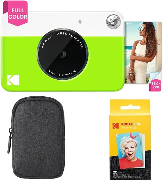 Kodak Printomatic Full-Color Instant Print Camera Starter Bundle + Carrying Case + Zink 20pk Photo Paper - Colorful Photos On 2x3 Sticky-Back Paper - Fun Gift for Birthday Christmas Holiday - Green