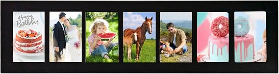 Adeco 7 Openings Black Collage Wooden Photo Frame, Wood Wall Hanging Collage Picture Frame, Wall Decor Made to display Seven 4 x 6 Inches Images Photo Frame for Family, Living Room, Bedroom