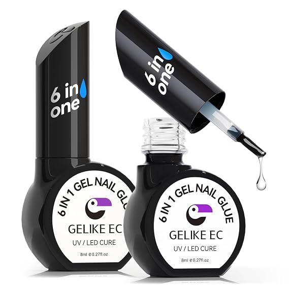 Gelike EC Gel Glue UV - 6 in 1 Strong Adhesive for Press on Nails, Acrylic Tips, Base Coat Free, 2PCS