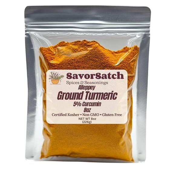 SavorSatch Ground Alleppey Turmeric 5% Curcumin, High-Potency Spice with Deep Orange-Yellow Color, Certified Kosher, Premium Quality, 8 oz Resealable Pouch
