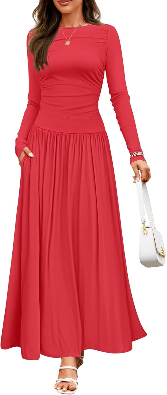 ZESICA Womens 2026 Fall Long Sleeve Slimming Knit Maxi Dress | Crewneck Dress, Slim Fitted, Pleated Dress with Pockets, Ruched Shoulder, Swing A Line Dress, Solid Color, Stretchy Fabric
