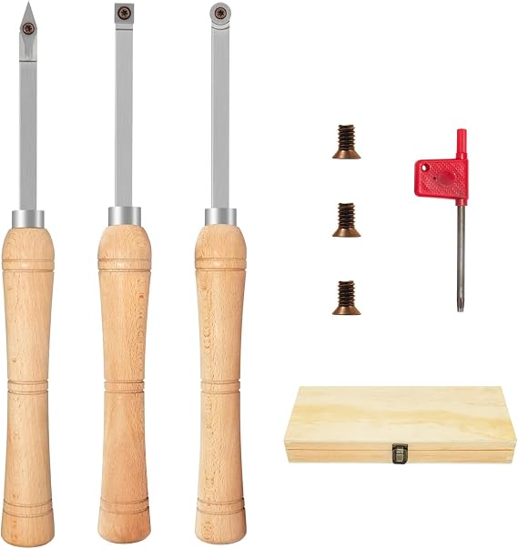 3pcs Mini Carbide Wood Lathe Turning Tool Set with Beech Handle and Wooden Box | Full Size Carbide Lathe Tools with Diamond Round Square Carbide Inserts