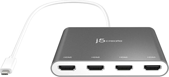 j5create USB-C to 4 Port HDMI Adapter Hub- Multi Monitor Splitter | Supports 4 1080p 60Hz Displays - Compatible with Type-C MacBook and Windows Laptop (JCA366)