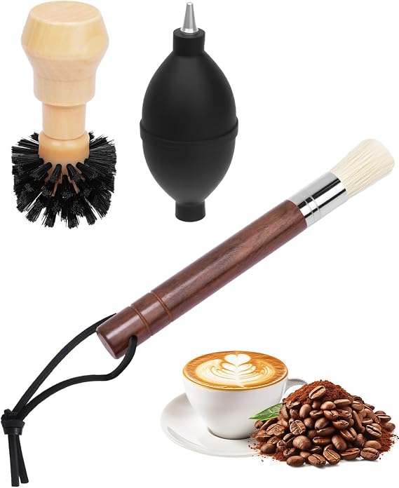 Ebony Bristle Coffee Brush, Coffee Grinder Brush & Air Blower | 3 Pcs Portafilter Espresso Kit, Espresso Tool Kit for Machine, Grinder, Countertop