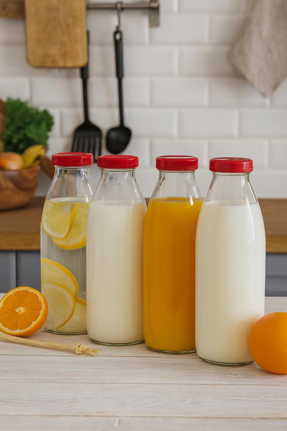 4 Pieces 1 Liter Transparent Jug of Milk, Ayran, Water, Lemonade, Soft Drink Bottle Glass Bottle with Plastic Lid