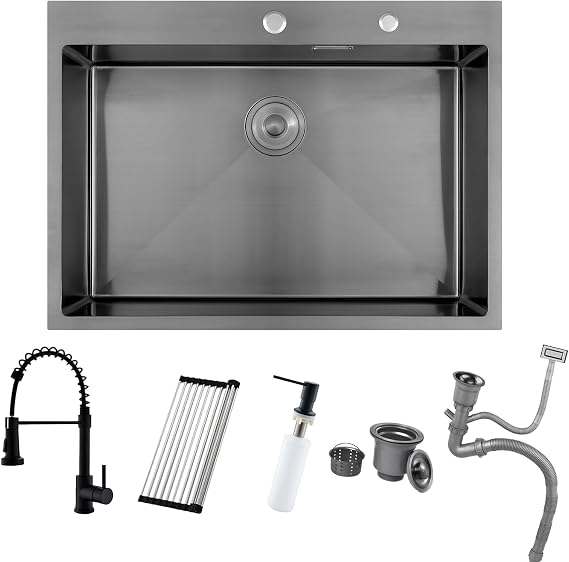 Black Stainless Steel 75x45 cm Workstation Kitchen Sink Drop in Single Bowl