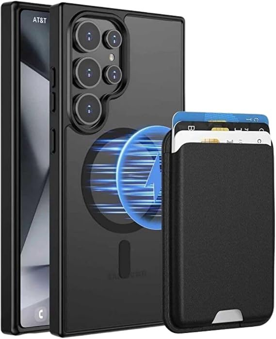 PSR Aksesuar Samsung Galaxy S25 Ultra Uyumlu M-Safe Kablosuz Şarj Destekli Mat Kılıf + MagSafe Kartlıklı Cüzdan - Tam Koruma Seti (Siyah, Samsung Galaxy S25 Ultra)