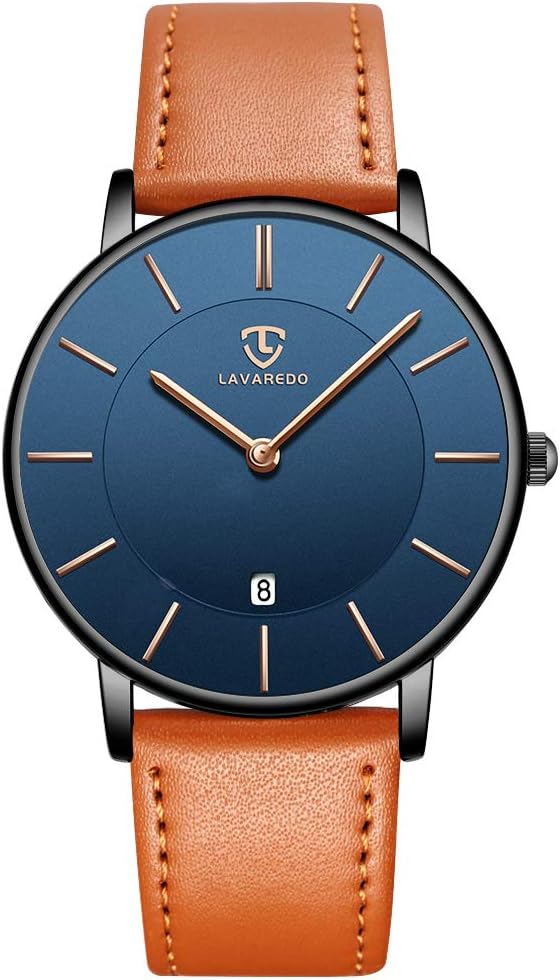 Men's Watch Flat Analogue Quartz Date Display Classic Fashion Waterproof Wristwatch with Leather Strap Klassische Mode Uhr mit Datumsanzeiger wasserdichtem Design und Leder Armband für Herren