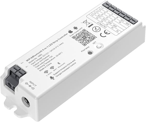 BTF-LIGHTING WB5 2.4GHz WiFi LED Controller for Dim/CCT/RGB/RGBW/RGBCCT LED | 5-in-1 PWM LED Dimmer Compatible with Alexa/Google Home/Tuya Smart/Smart Life APP, Work with WR01RF, WR02RF,DC12V/24V