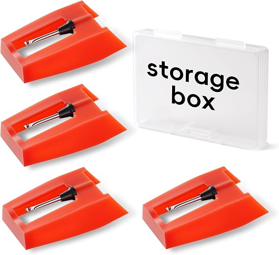 4-Pack Record Player Needles for Crosley and Victrola, Ruby Stylus | 4 ruby stylus replacements with aluminum cantilevers and storage case for select Crosley and Victrola ceramic cartridges only