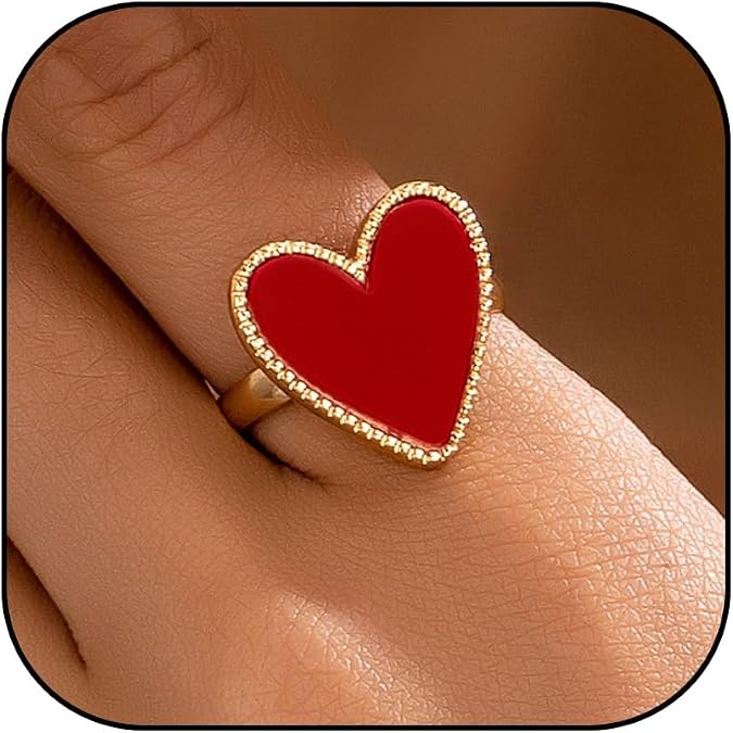 HUASAI Red Heart Ring for Women Dainty Gold Heart Rings Valentines Day Gift for Her Trendy Stuff Jewelry Fashion Accessory