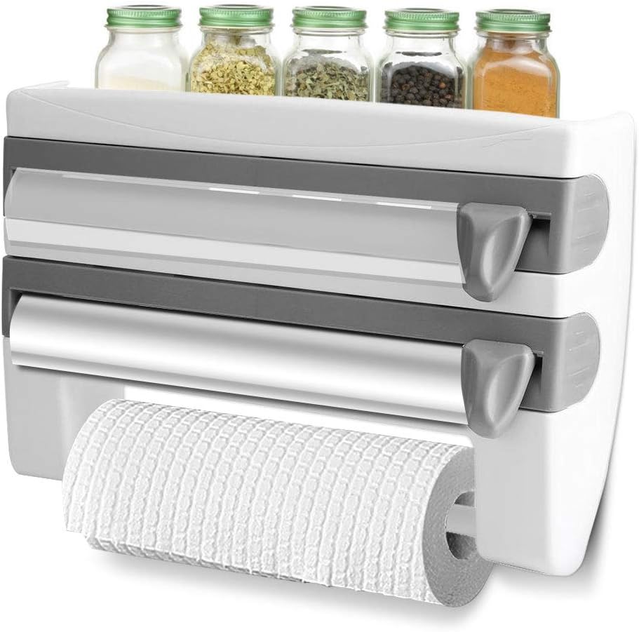 Kitchen Cling Film Holder, Kitchen Roll Dispenser, Plastic Wrap and Foil Dispenser, Wall-Mount Paper Towel Holder with Top Shelf for Plastic Wrap Cling Film Foil gray