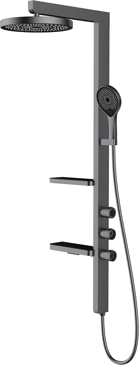 Rain Shower System 8 Inches Shower Faucet Set Wall-Mounted 3-Way Rain Mixer Shower Combo Set with 3 Functions Handheld Spray, Round Rainfall Shower He,Showerheads (Gun Grey A)