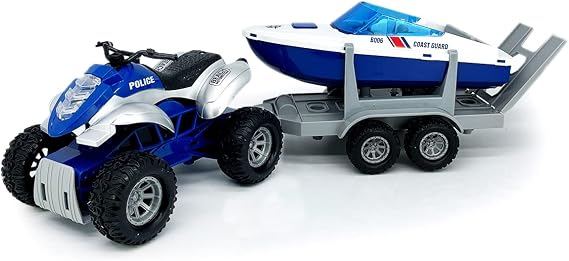 Large ATV Toy with Trailer Speedboat Tow Truck Flatbed Transport Police Motorcycle Toy Vehicle 2 in 1 Playset, Light Sound, Toys Trucks for Boys 3 4 5 6 7 Years Old Kids Toddlers Birthday Gifts, blue