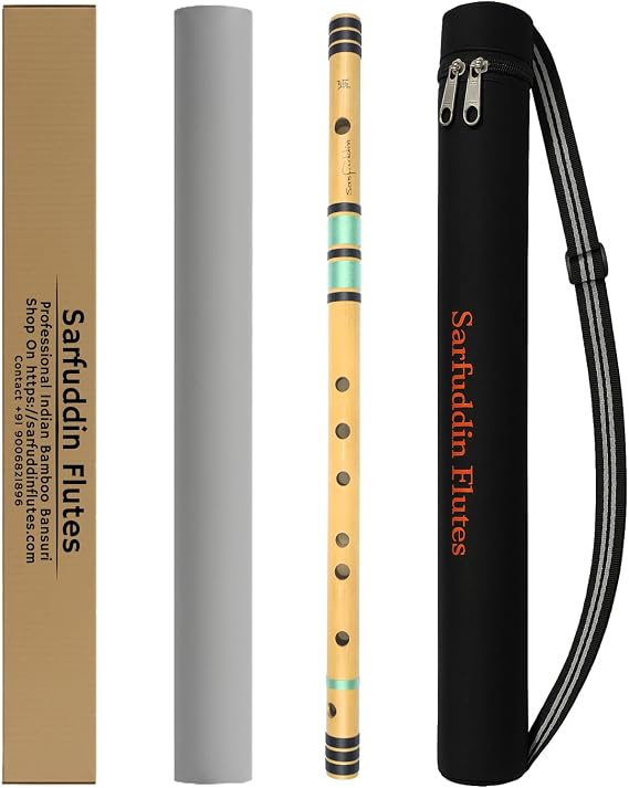 Sarfuddin Flutes A Sharp Base Right Hand 22 Inches Bamboo Flute Bansuri With Carry Bag