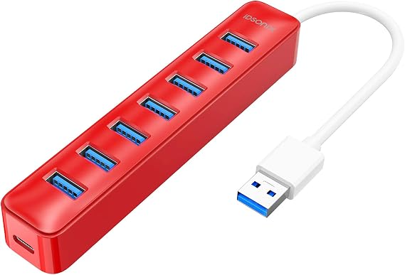 iDsonix USB Hub 3.0, 7 Port USB Hub Splitter, USB Hub for Laptop, iMac, Surface Pro, XPS, USB Flash Drives, Mobile HDD, Printer, Camera, and More -Red