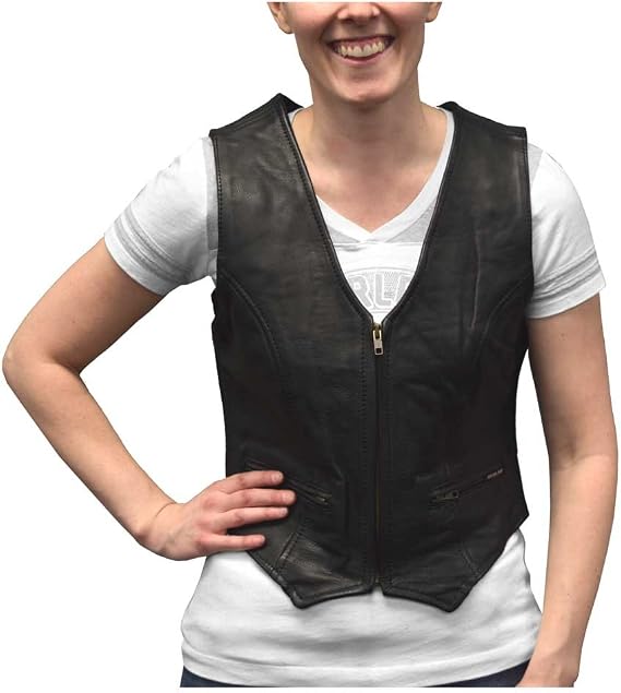 Women's Zip Front Leather Motorcycle Riding Vest, Black LEV-222