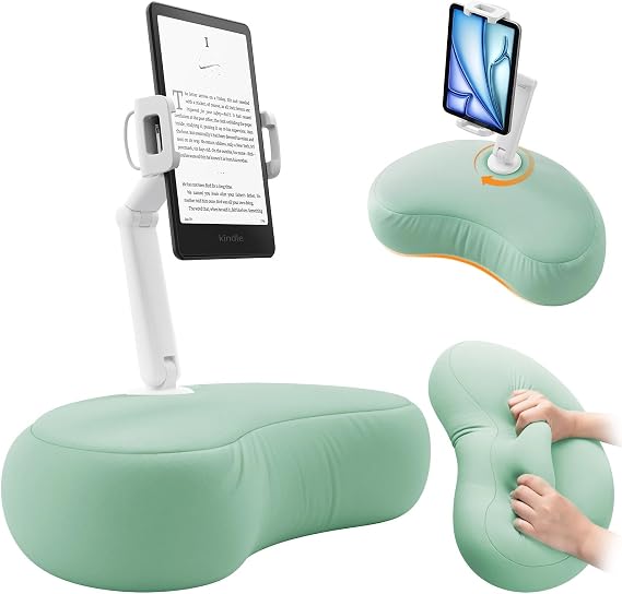 SAIJI Kindle Pillow Stand for Bed iPad & Tablet Holder (Cyan) | Comfort for Reading in Bed, Adjustable 360 Rotating Clip, Dual-Axis, for Kindle Scribe & other E-readers, iPads All Models