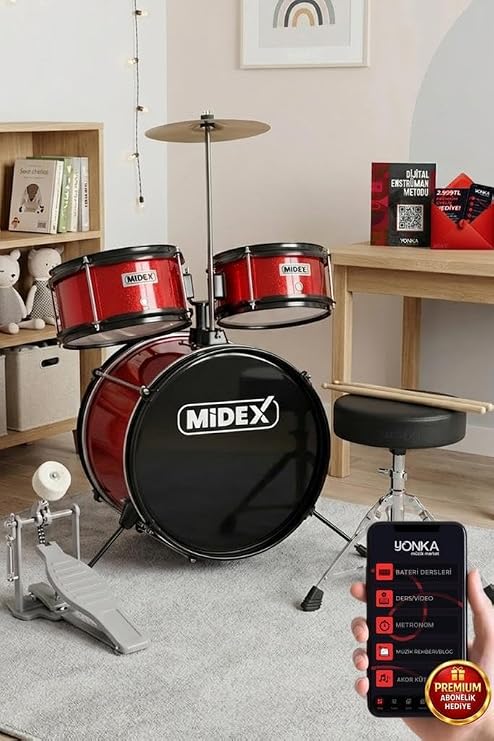 Midex CD300X-RD Akustik Çocuk Baterisi Davulu Seti 5-14 Yaş İçin Full Set