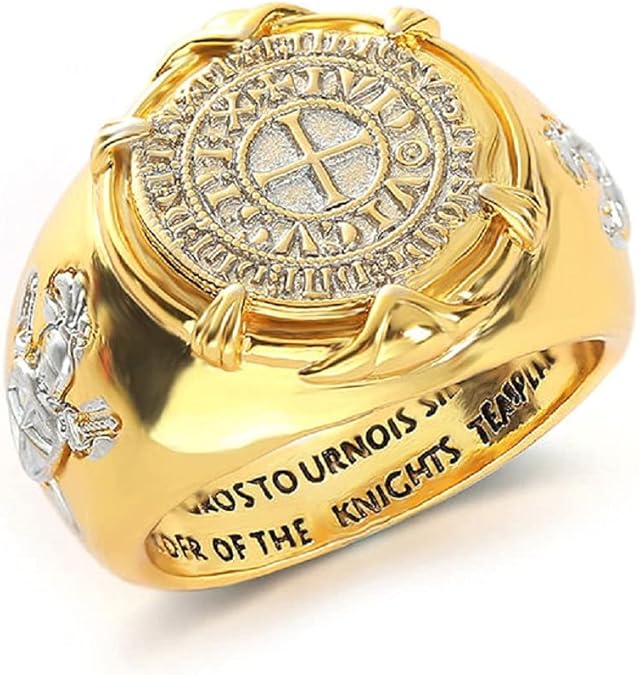 Gold Crusader Ring,Gothic Knight Templar Ring for Men,Punk Catholic Crusader Ring Gold Plated Medieval Cross Ring -s Retro Rock Templar Jewelry