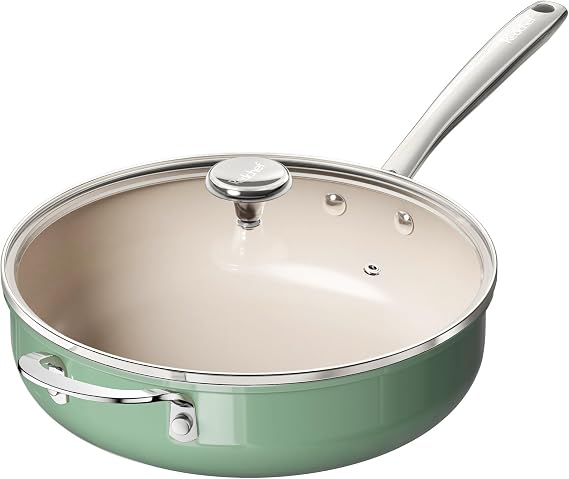 Redchef Ceramic Saute Pan with Lid, Nonstick Deep Frying Pan, 5QT Jumbo Cooker with Helper Handle & Lid, Non Toxic Ceramic Cooking Pan, Chef Pan, Dishwasher & Oven Safe, PFAS PFOA & PTFE Free(Green)