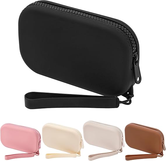 JOVAKIT Small Portable Silicone Makeup Bag for Women, Travel Waterproof Toiletry Cosmetic Bag Gifts for Women, Zipper Closure Makeup Case with Handle (Black)