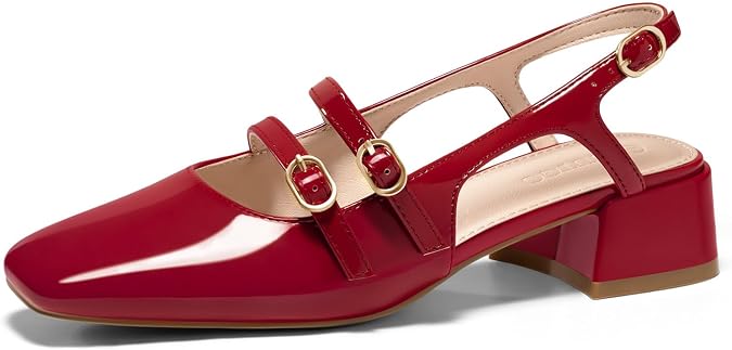 Coutgo Women's Mary Jane Chunky Low Heels Slingback Pumps Closed Square Toe Wedding Dress Shoes