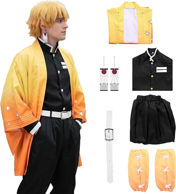 Agatsuma Zenitsu Cosplay Kimono Outfits, 8pcs Demon Slayer Zenitsu Cosplay Anime Clothes for Kids Halloween Costume Cloak for Women
