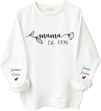 LullabyMall Personalized Mama Sweatshirt With Kid Names On Sleeve, Mom Sweatshirts For Women with Flowers Printed, Gifts For Mommy Grandma Mothers Birthday Christmas, New Mom Gifts, Size S To 4XL