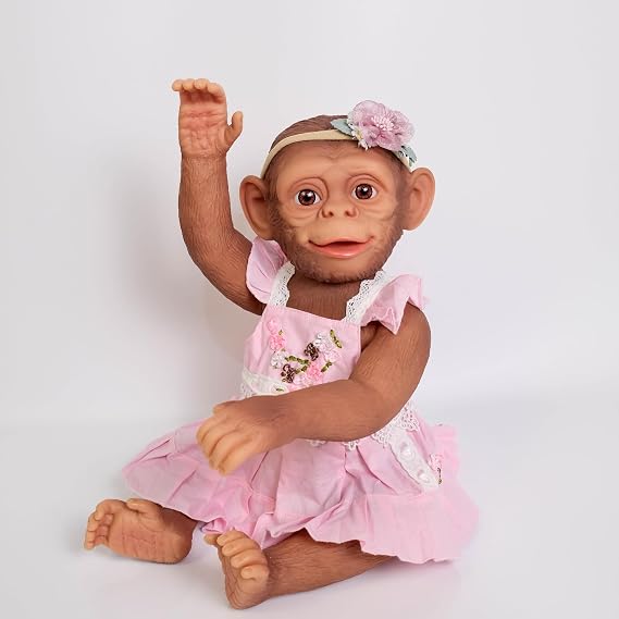 TERABITHIA 20 Inch Realistic Monkey Doll Lifelike Reborn Baby Doll Full Body Vinyl Newborn Monkey Girl with Pink Lace Dress & Floral Headband