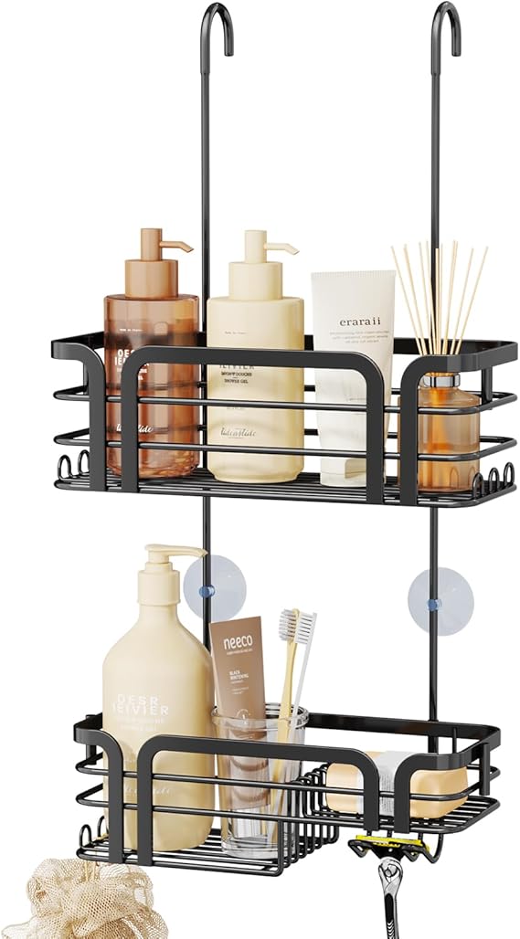 SWTYMIKI Shower Caddy Hanging Organiser - Over Door Shower Caddy with Soap Holder, 11 Hooks, 2 Installation Ways for Shower Organiser, Stainless Steel Shelf Hanging for Bathroom Shampoo, Conditioner