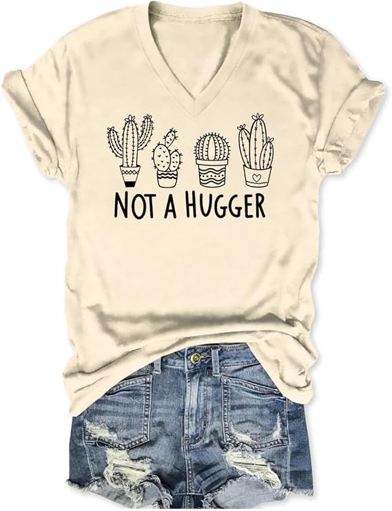 Sarcastic Tshirts for Women I Am Not a Hugger V Neck T Shirts Funny Humor Graphic Short Sleeve Tees Plant Lover Tops