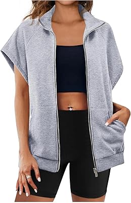 Womens Oversized Zip Up Sweatshirts Short Sleeve Hoodie Lightweight Jackets Vest Summer Lightweight Coat Tops