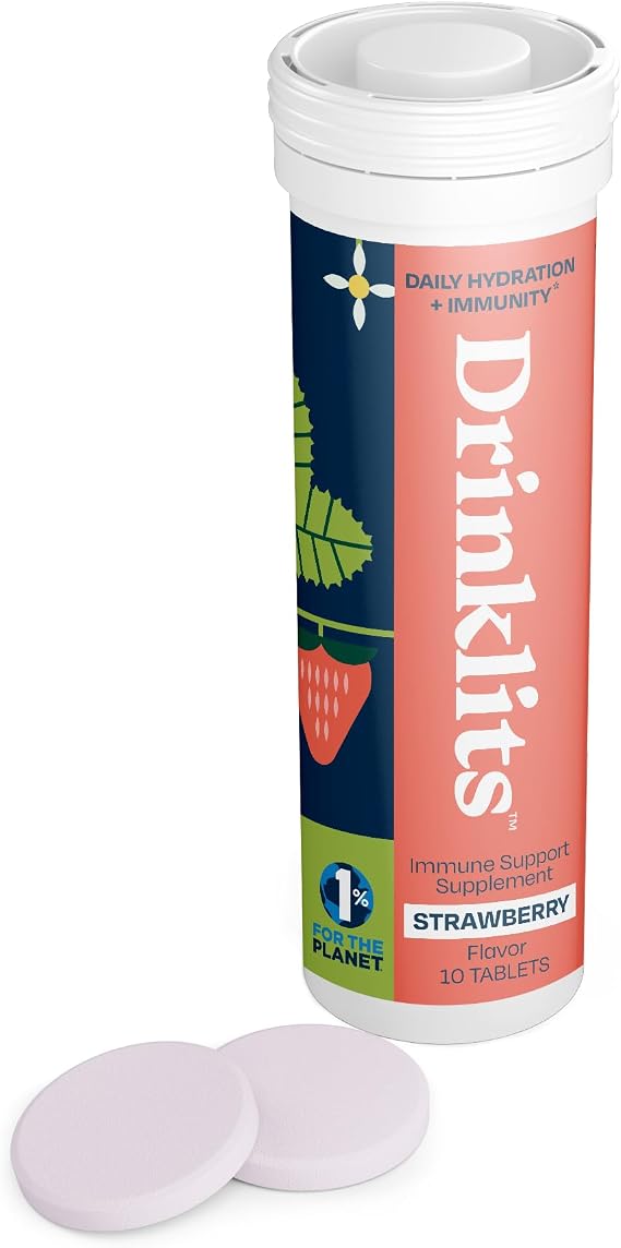 Drinklits Strawberry Daily Immune Support Tablets | 0g Sugar - Vitamin C - Electrolytes - Botanical Blend | Single Tube (10 Tablets/Servings)