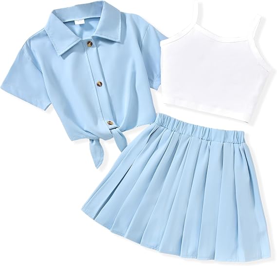 HIHA Girls 3 Piece Outfit Cami Crop Tops Skirt Set with Button Down Shirts Size 6-12