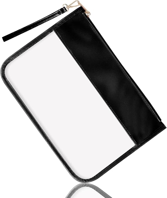 izuzta Clear PVC Flat Pouch PU Makeup Bag Clear Zipper Pouch with Wristlet, Black, Personalized Modern