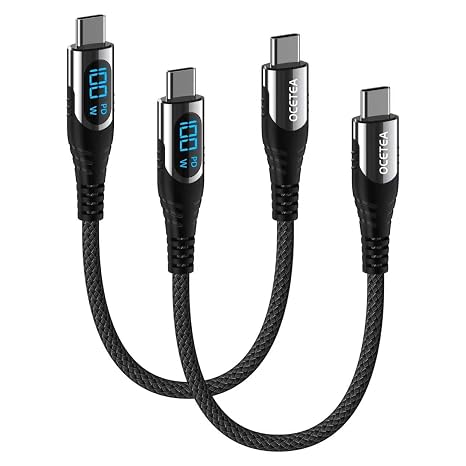 100 W Short USB C to USB C Cable [2 Pieces 0.3 M] 5A Fast Charging Cable Charging Cable PD QC5.0 with LED Display, Compatible with iPhone 16/15 Pro Max, Galaxy S25/S24/S23, Pad Pro, MacBook Air